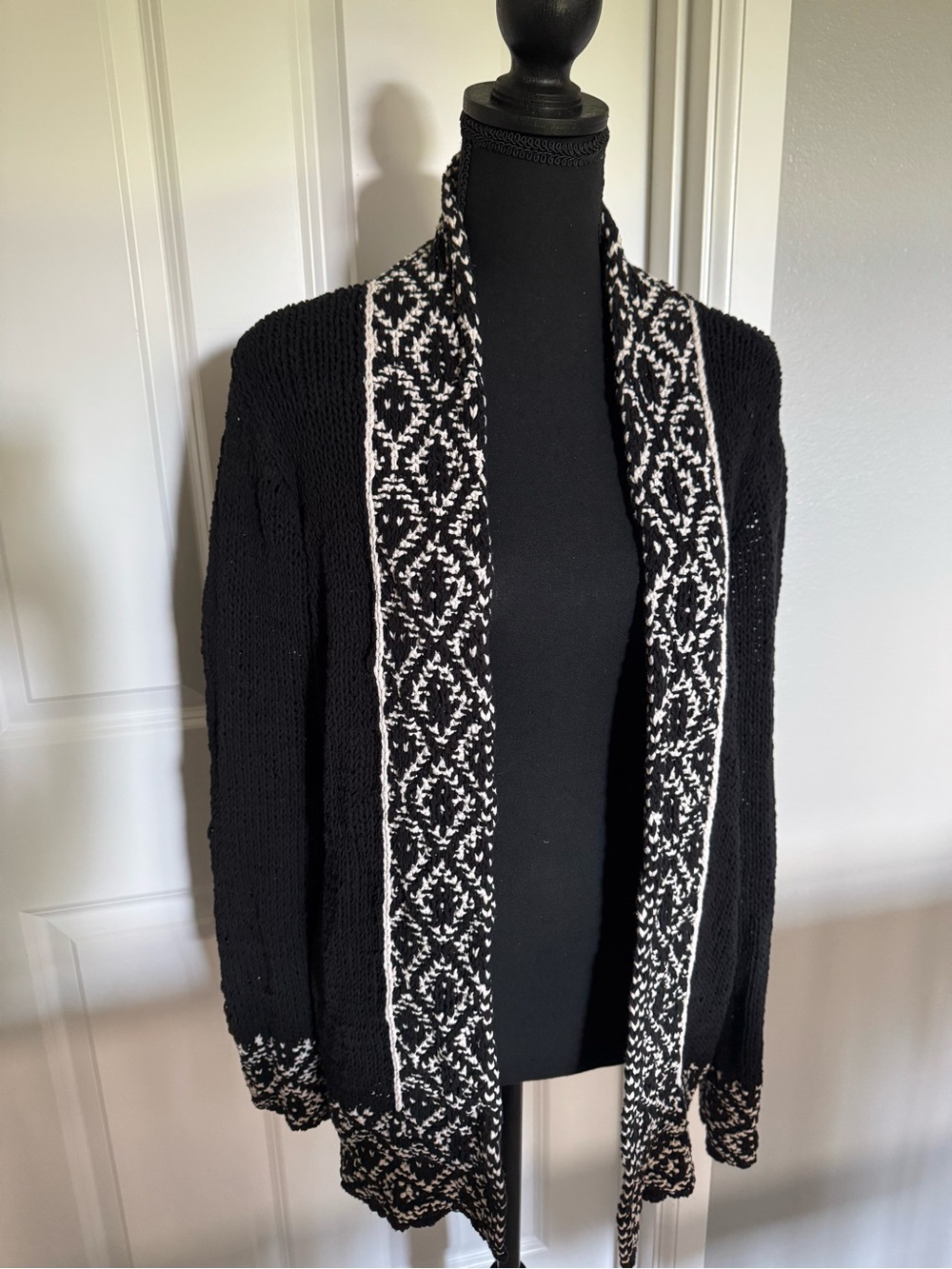 Lucky Brand Black Open-Front Cardigan with White Pattern Trim - Women Sweater